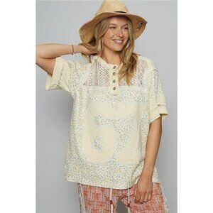 POL Number Floral Crochet Button Detail Half Sleeve Top
